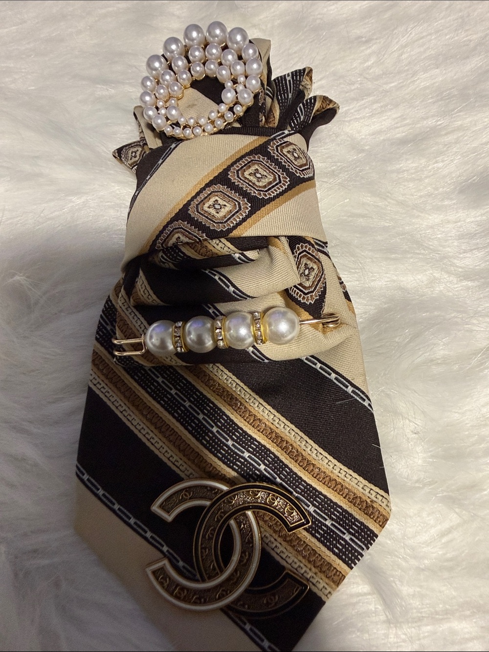 CHANEL Black and Cream Silk Junk Tie with Pearl Accents
